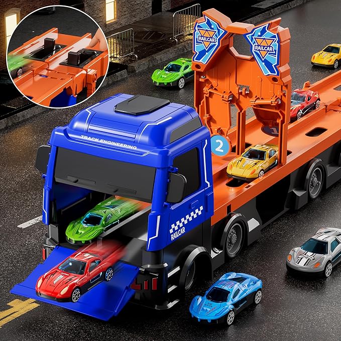 Large Truck Toys for Toddlers 1-3 2-4 3-5 4-7 Years Old Boys Kids, Transport Truck with 24 Pcs Die-Cast Cars, Toy Gifts for 3 4 5 6 Year Old Boys, Toddler Gift Toys for Ages 3-5 4-7