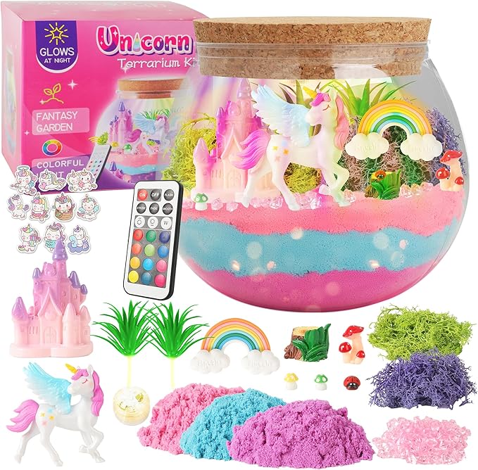 Unicorn Light-Up Terrarium Kit Toys for Kids - Not Fragile - LED Birthday Gift for Girls Ages 4 5 6 7 8-12 Year Old - Unicorn Toys for Girls - DIY Arts and Craft Kits with Stickers (Round)