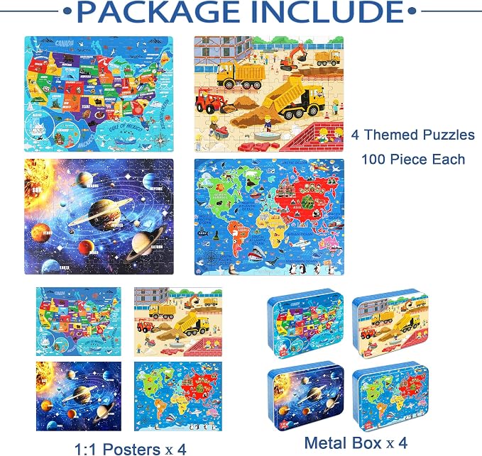 LELEMON 100 Pieces Puzzles for Kids Ages 4-8, 4 Set Kids Puzzle Ages 6-8,United States World Solar System Construction Site Children Learning Educational Puzzless Toys for Boys and Girls - Image 3