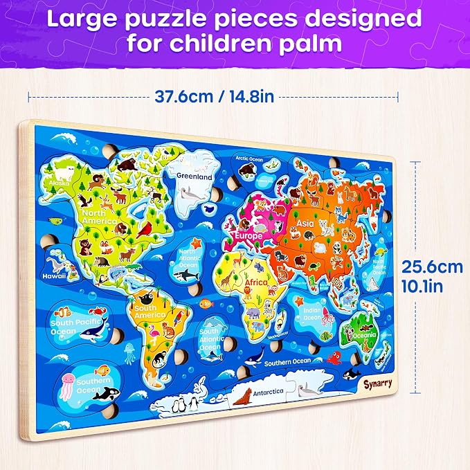 SYNARRY Large USA World Wooden Puzzles for Kids Ages 4-6, Learning United States World Maps Puzles for Kids Ages 6-8, Wood Jigsaw Puzzles Educational Games Toys Gifts for Boys Girls Ages 3-8 - Image 6