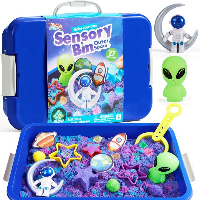 JOVA Klever Kits Outer Space Sensory Bin for Kids with Glow in The Dark Alien and Rocks, Sandbox with Lid Dual-Color Sand, Preschool Learning Activities Gifts for Boys Girls Age 3+ by KleverKits