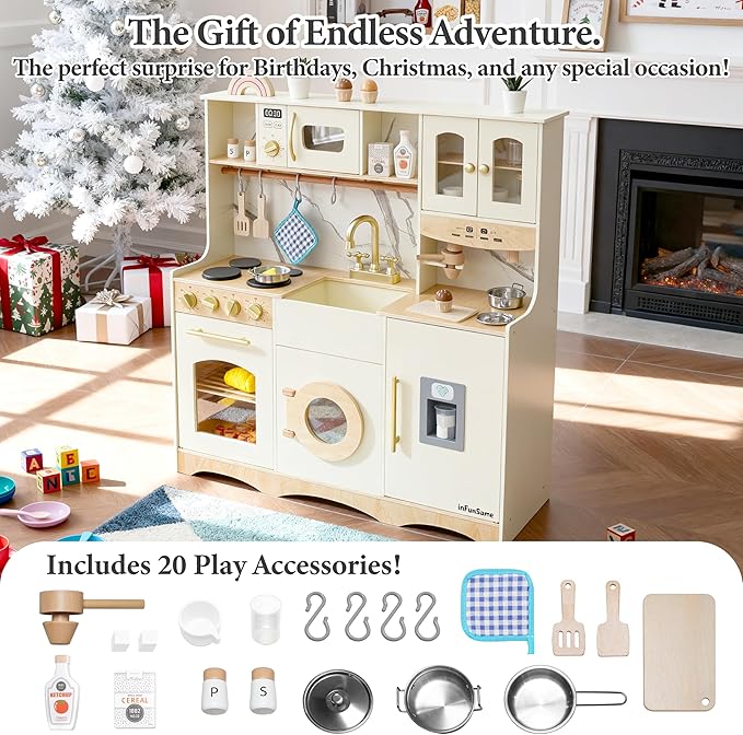 Play Kitchen set for kids and Toddlers with Realistic ICE Maker & Sounds,Wooden Toy Kitchen Set with 20 Accessories, Interactive Learning Toy for Pretend Play, Gift for Girls & Boys(Ages 3+)