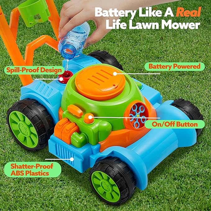 SLOOSH Bubble Lawn Mower Toddler Toys - Spill-Proof Bubble Machine Pretend Gardening Play Toy for Age 1 2 3 1-3 Year Old Baby Boys Indoor Outdoor Use, Push Toys Xmas Christmas Birthday Gifts (Blue)