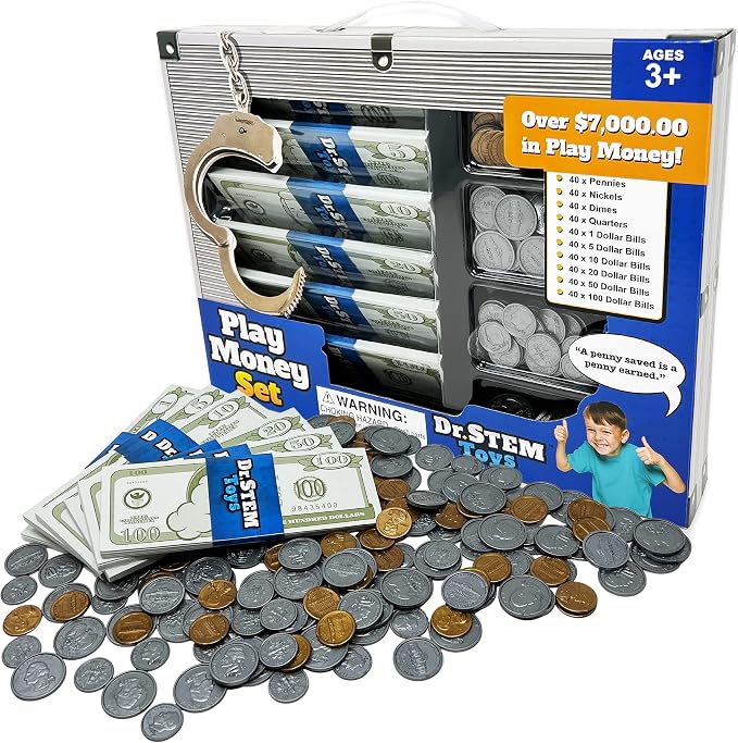 Dr. STEM Toys Play Money for Kids: Durable Boxed Set Provides 400 Pieces of Realistic Fake Money Bills & Fake Coins for Pretend Play, Helps Kids Learn Financial Responsibility & More by THiNAiRToys-DrSTEM