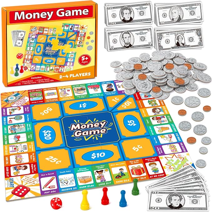 Torlam Money Board Games for Kids, Coins and Bills Toddler Pretend Play Toys, Money for Kids Learning Education Kindergarten Math Games Math Manipulatives, Homeschool Supplies Classroom Must Haves by Torlam
