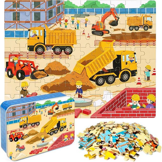 LELEMON 100 Pieces Jigsaw Puzzles in a Metal Box for Kids Age for 4-8 Boys Girls Toy Puzzles Construction Site Vehicles Children Learning Educational Puzzles Toys by LELEMON