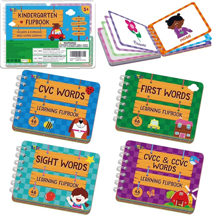 4 Kindergarten Learning Flipbooks, Double-Sided Mini Book Set - CVC, CVCC&CCVC, Sight Words & First Words, Early Educational Language Learning Tool for Kids by SpriteGru