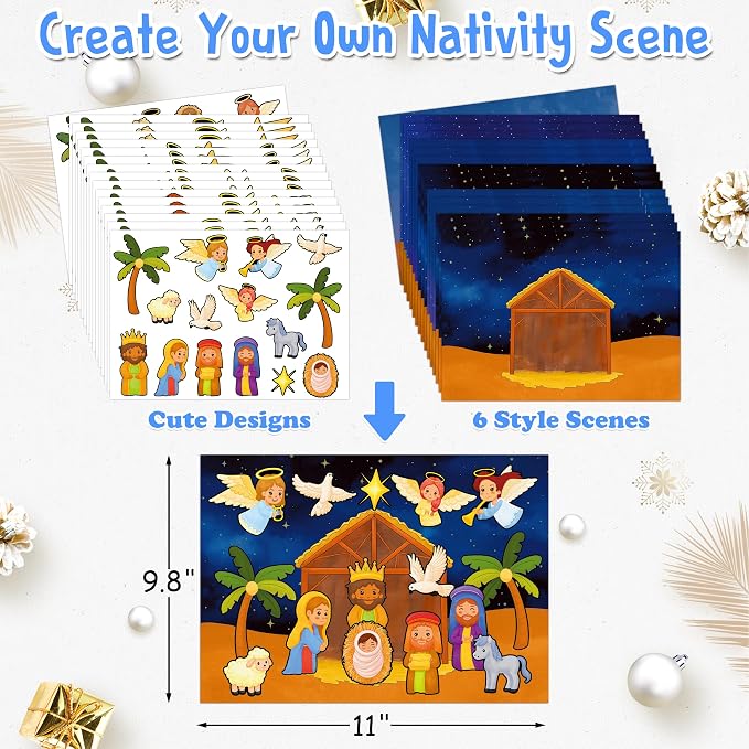LINAYE 48 Sheets Nativity Scene Stickers, Religious Christian Christmas Stickers Nativity Crafts for Kids School Classroom, Christmas Activities Games for Kids Party Favors 24 Finished Products - Image 2