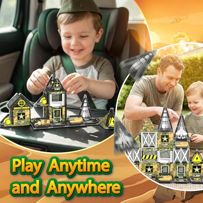 42PCS Mini Magnetic Tiles Army Base Travel Set with Iron Box - Image 3