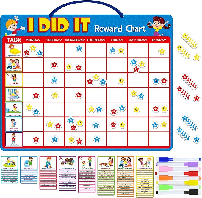 Magnetic Reward Chart, Dry Erase Kids Behavior Responsibility Task Board-84 Chores (Including 7 Blanks), 272 Magnetic Stars, 8 Markers & 3 Name Cards-Good Behavior Daily Routine to Motivate Kids by SpriteGru