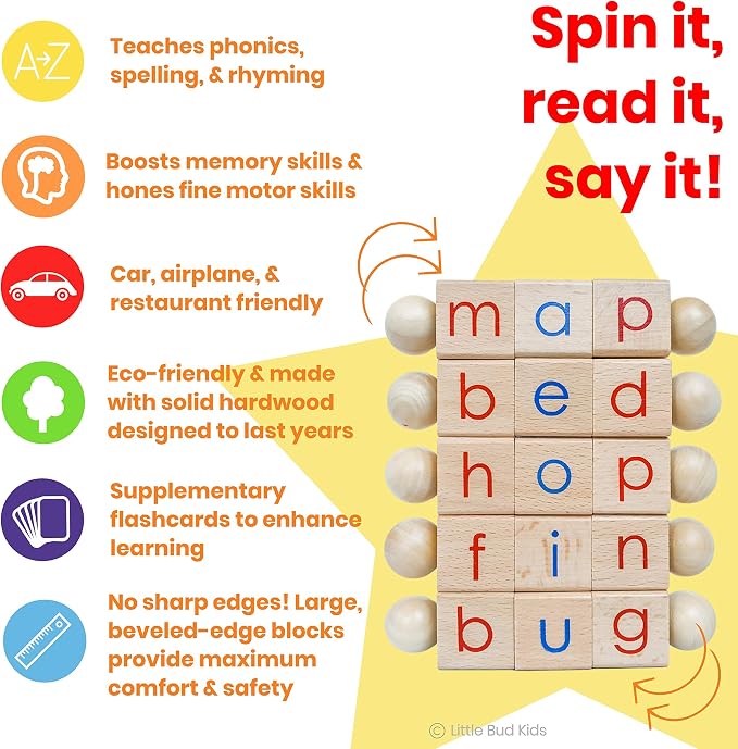 LITTLE BUD KIDS Spin-and-Read Montessori Phonetic Reading Blocks with CVC Phonics Flashcards for Beginner Readers, Montessori Reading Wooden Toys for 3 Years + - Image 2