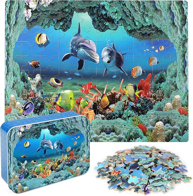 LELEMON Underwater World Puzzles for Kids Ages 4-8,100 Piece Ocean Dolphins Fishes Jigsaw Puzzle for Children,Learning Educational Toys for Boys and Girls by LELEMON