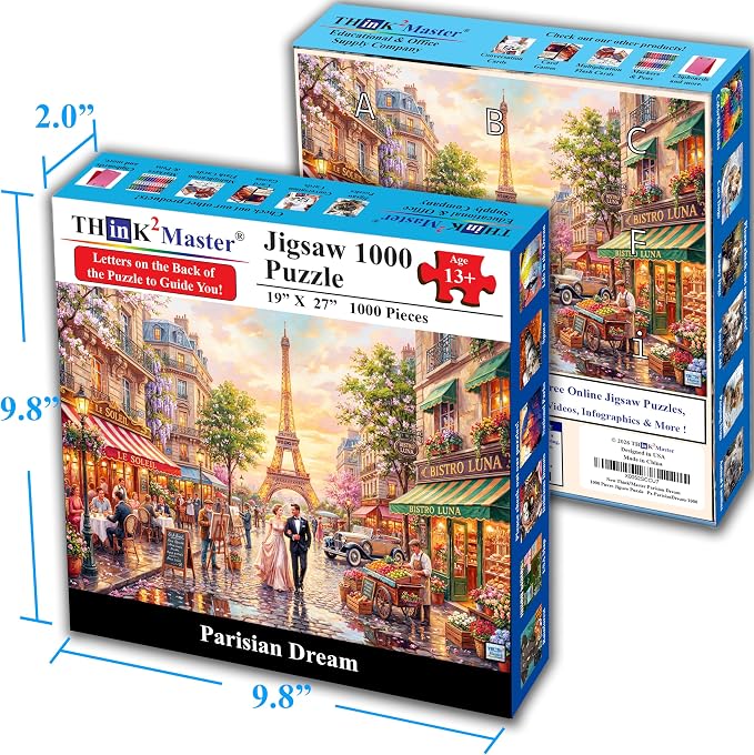 Think2Master Parisian Dream 1000 Pieces Large Format Jigsaw Puzzle: 13+, Teens, Adults & Families. Romantic European Getaway. French Cafe with Eiffel Tower at Sunset. Great Gift. Size: 26.8” X 18.9” - Image 4