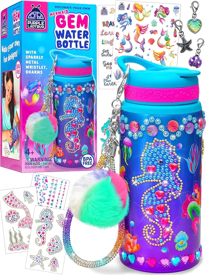 PURPLE LADYBUG Decorate Your Own Water Bottle for Girls - Mermaid Gifts for Girls Age 6-8, Gifts for 5 6 7 8 9 10 Year Old Girl Birthday, Valentines Gift, Crafts for Girl Ages 6-8