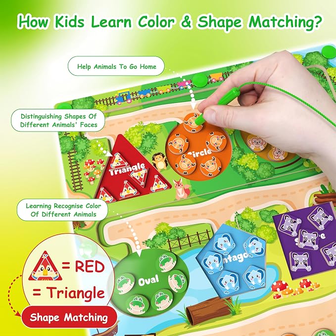 Montessori Wooden Magnetic Color & Shape Maze with Zoo Theme - Image 2