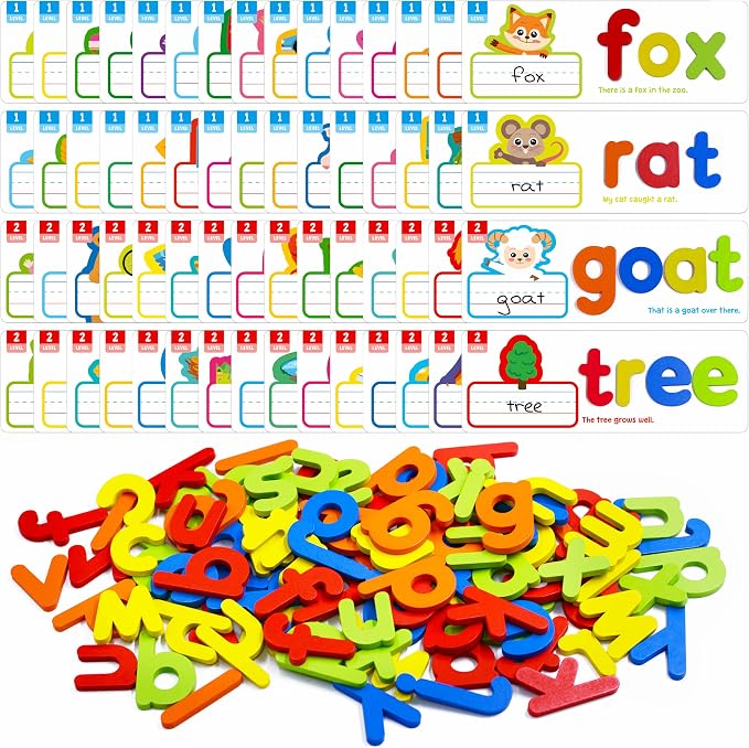 82PCS CVC & CVCC, CCVC Words Builders, 30 Double-Sided Cards & 52 Wooden Lowercase Letters, 2 Levels See & Spell Learning Tool STEM Educational Activities for 3 Years Old Boys and Girls by SpriteGru