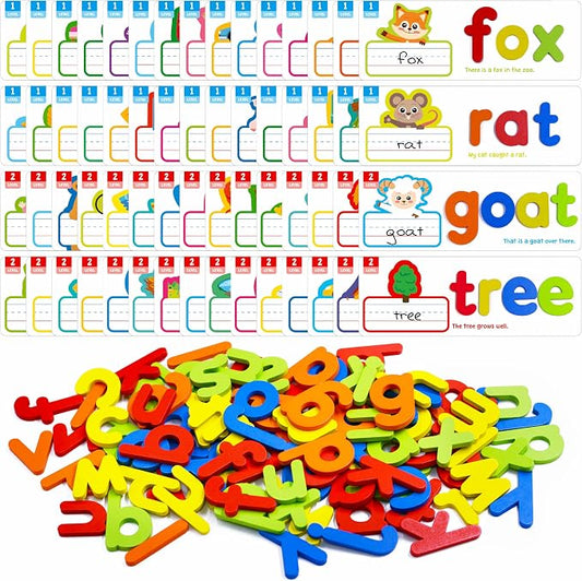 82PCS CVC & CVCC, CCVC Words Builders, 30 Double-Sided Cards & 52 Wooden Lowercase Letters, 2 Levels See & Spell Learning Tool STEM Educational Activities for 3 Years Old Boys and Girls by SpriteGru