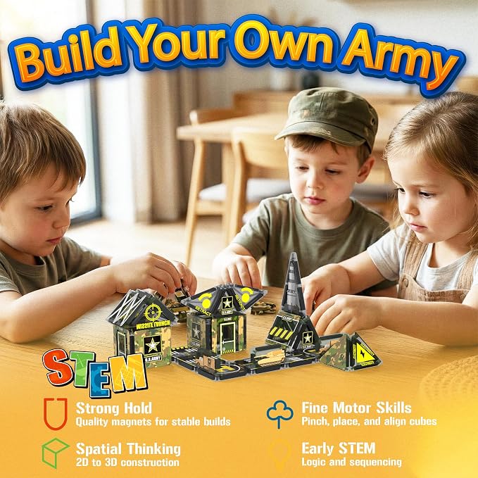 42PCS Mini Magnetic Tiles Army Base Travel Set with Iron Box - Image 2