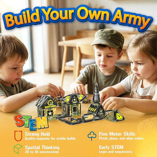 42PCS Mini Magnetic Tiles Army Base Travel Set with Iron Box - Image 2