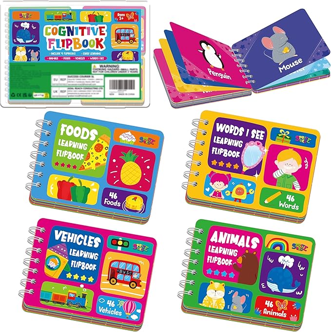 4 Early Learning Flipbooks, Double-Sided Mini Book Set - Animals, Foods, Vehicles, Daily Items, Early Educational Language Learning Tool for Kids by SpriteGru