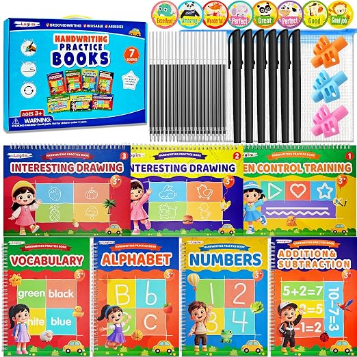 7 Magic Grooved Writing Books, Large Reusable 3D Grooved Writing Practice by Unknown