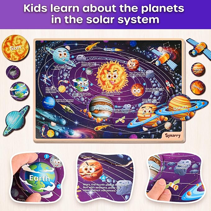 SYNARRY Large USA World Solar System Wooden Puzzles for Kids Ages 4-6, Wood Jigsaw Puzzles Educational Games Toys Gifts for Toddlers, Learning United States World Space Maps for Boys Girls Ages 3-8 - Image 4