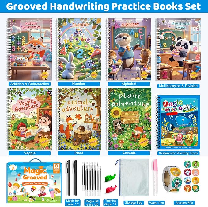 Magic Grooved Writing Practice Books for Kid, 8-in-1 Handwriting Kit - Image 2