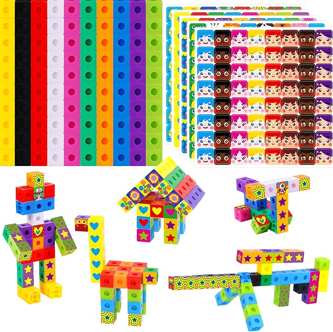 100 Math Linking Cubes, Math Cubes with 320 Reusable Stickers Manipulative Geometric Shapes Connecting and Counting Snap Blocks for Early Math & Construction, Educational Toy for Preschool, Homeschool by SpriteGru