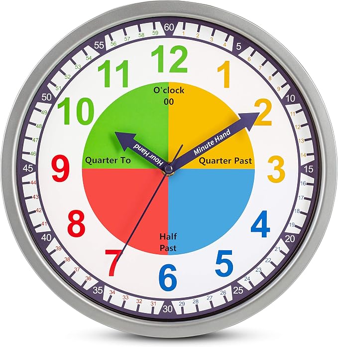 Bernhard Products Colorful Kids Wall Clock Teaching Time Telling Silent Non-Ticking Educational Learning Tool, Colored Numbers for Children Teachers Homeschool and Parents, School Classroom Playroom by BernhardProducts