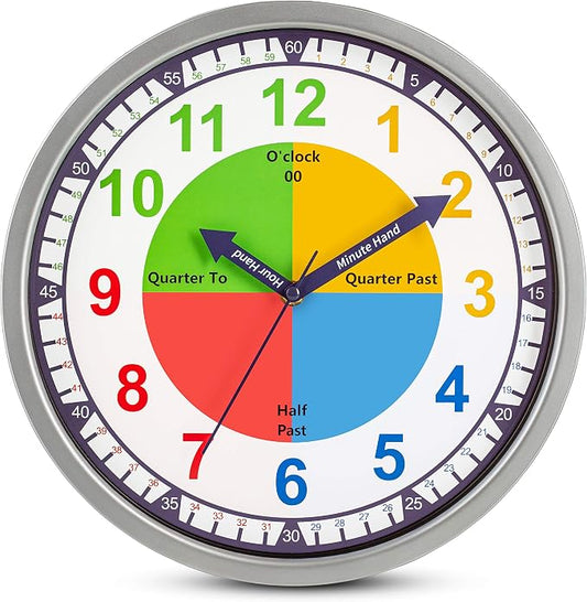 Bernhard Products Colorful Kids Wall Clock Teaching Time Telling Silent Non-Ticking Educational Learning Tool, Colored Numbers for Children Teachers Homeschool and Parents, School Classroom Playroom by BernhardProducts