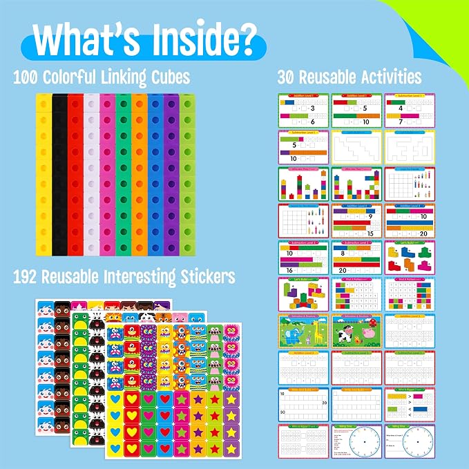 Math Linking Cubes, 100 Math Cube Manipulatives with 30 Learning Activities plus 192 Reusable Stickers, Number Counting Blocks Snap Linking Math Counters, Fun & Educational Pre-K Counting Blocks - Image 2
