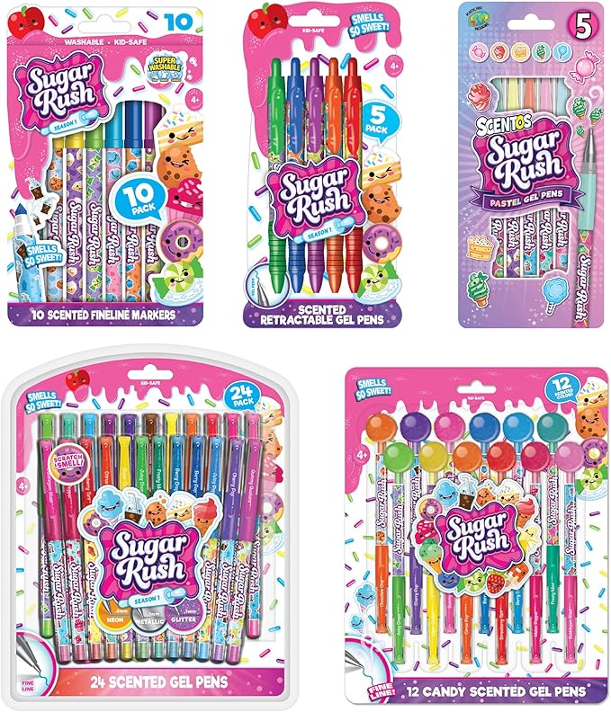 Sugar Rush Scented Pen and Marker Bundle – 56-Count Art Supplies Set with Gel Pens, Fineline Markers, Retractable Pens, and Candy Scented Markers – Non-Toxic for Kids Ages 3+