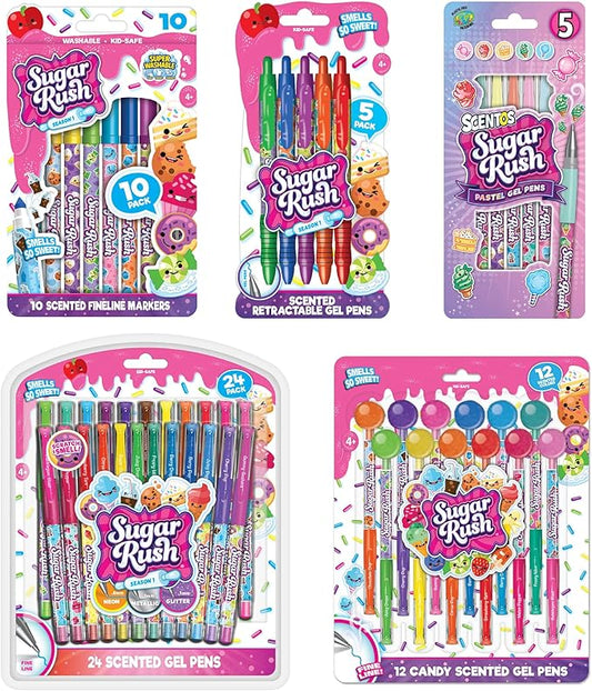 Sugar Rush Scented Pen and Marker Bundle – 56-Count Art Supplies Set with Gel Pens, Fineline Markers, Retractable Pens, and Candy Scented Markers – Non-Toxic for Kids Ages 3+