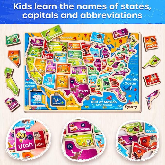 SYNARRY Large USA World Wooden Puzzles for Kids Ages 4-6, Learning United States World Maps Puzles for Kids Ages 6-8, Wood Jigsaw Puzzles Educational Games Toys Gifts for Boys Girls Ages 3-8 - Image 2