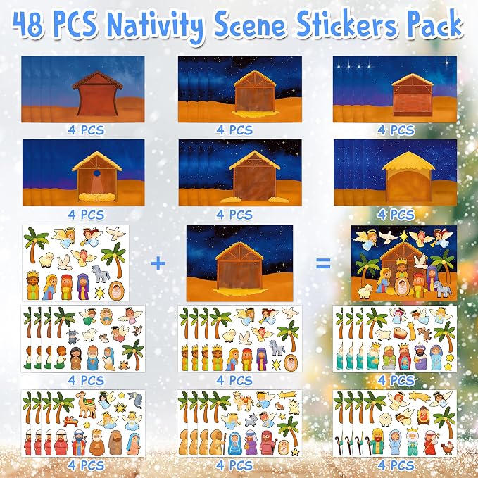 LINAYE 48 Sheets Nativity Scene Stickers, Religious Christian Christmas Stickers Nativity Crafts for Kids School Classroom, Christmas Activities Games for Kids Party Favors 24 Finished Products - Image 3