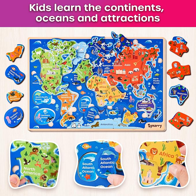 SYNARRY Large USA World Solar System Wooden Puzzles for Kids Ages 4-6, Wood Jigsaw Puzzles Educational Games Toys Gifts for Toddlers, Learning United States World Space Maps for Boys Girls Ages 3-8 - Image 3