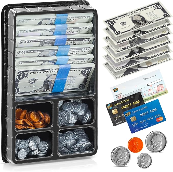 Play Money Set for Kids - Includes: Bills, Coins, Credit Card and Checkbook by LearnClimb