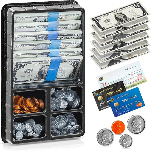 Play Money Set for Kids - Includes: Bills, Coins, Credit Card and Checkbook by LearnClimb