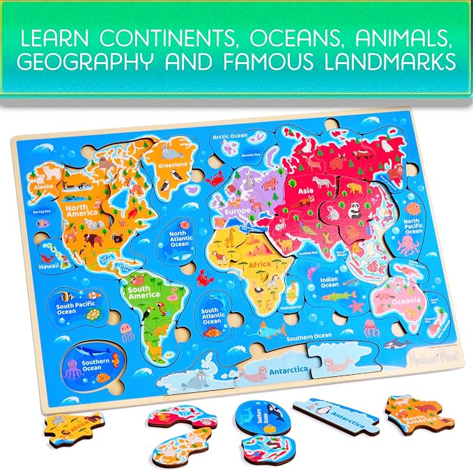 Montessori Mama World Map Wooden Puzzle, Continents and Oceans Puzzles for Kids Ages 4-6. Perfect Educational Toys for 4 Year Old Including Global Landmarks, Animals and Marine Life - Image 2