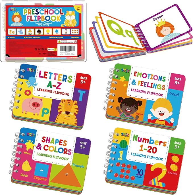 4 Preschool Learning Flipbooks, 96PCS Double Sided Printed Cards Set, Alphabet Letter A-Z, Number 1-20, Feelings and Emotions, Shapes and Colors Mini Board Books Set Early Educational Tool for Kids by SpriteGru