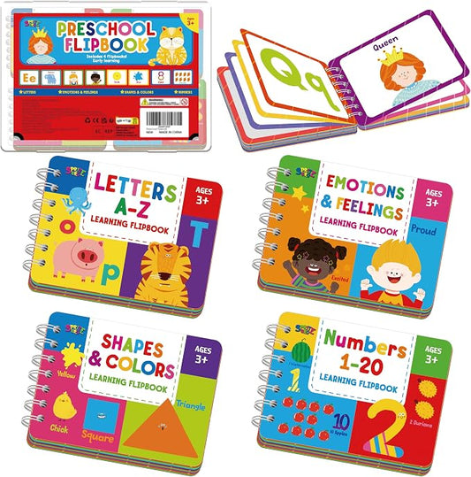 4 Preschool Learning Flipbooks, 96PCS Double Sided Printed Cards Set, Alphabet Letter A-Z, Number 1-20, Feelings and Emotions, Shapes and Colors Mini Board Books Set Early Educational Tool for Kids by SpriteGru