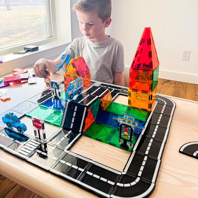 104 PCS Magnetic Tiles Road Set, STEM Magnet Toys Gift for 3+ Year Old Boys - Image 4