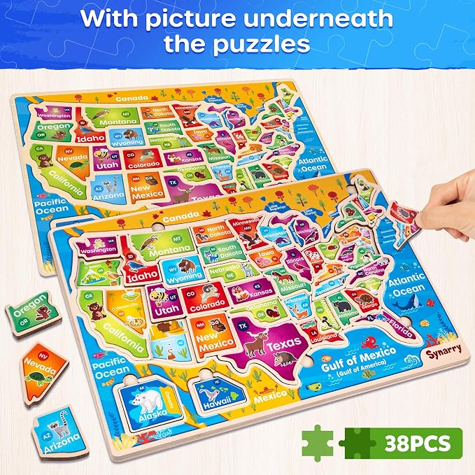 SYNARRY Large USA Wooden Puzzles for Kids Ages 3-5, Learning United States Map Puzles for Kids Ages 4-6, Wood Jigsaw Puzzles Educational Games Toys Gifts for Boys Girls Ages 3-8 - Image 3