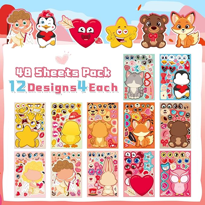 Valentines Stickers for Kids Toddlers 48 Sheets Valentines Day Gifts for Kids Classroom Party Favors Crafts Games Activities Birthday Party Dcorations Essentials Preschool Kindergarten