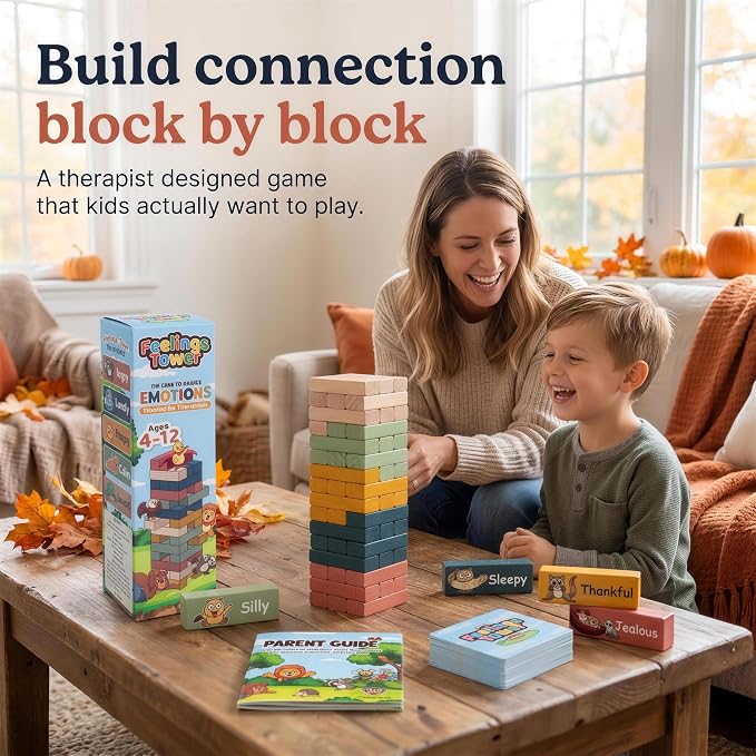 Feelings Tower Therapy Games for Kids & Teens - Social Emotional Learning Toy, 48 Emotion Cards & Animal Stacking Blocks - Play Therapy Toys, SEL & Social Skills Games for Kids, Counseling - Earth - Image 2