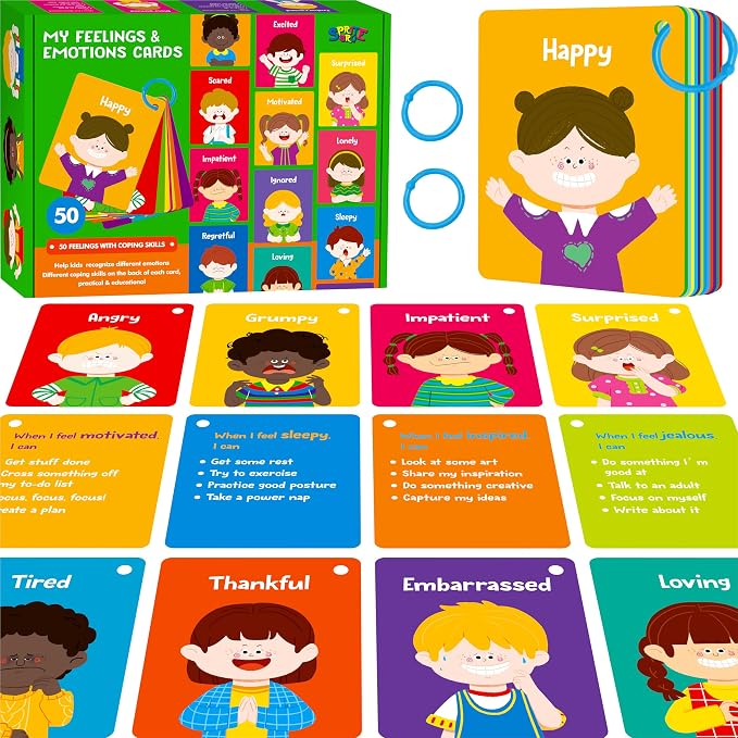 Emotions Flashcards, 50 Different Feelings with Coping Skills-Learn to Identify Various Moods, Cartoon Faces Emotions for Kids with Autism, ADHD -Emotion Flipbook for Therapy, Home Use by SpriteGru