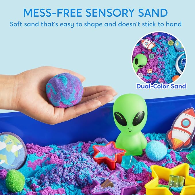 JOVA Klever Kits Outer Space Sensory Bin for Kids with Glow in The Dark Alien and Rocks, Sandbox with Lid Dual-Color Sand, Preschool Learning Activities Gifts for Boys Girls Age 3+ - Image 4