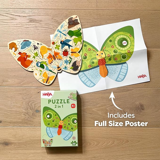 HABA Wooden Puzzle Butterfly - 2 in 1 Reversible Puzzles for Kids Ages 4-6, Durable Educational Toys and Wooden Montessori Toys