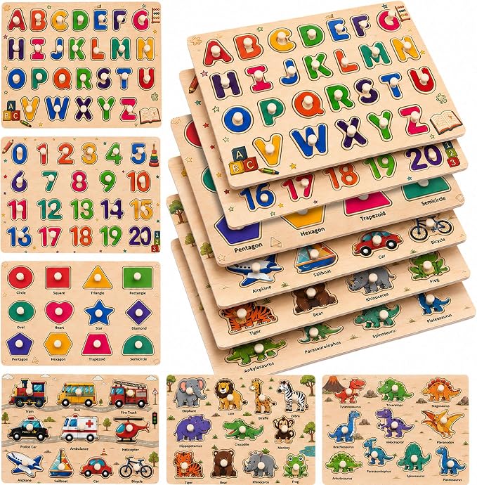 Wooden Peg Puzzles for Kids Ages 3-5, 6 Pack Large ABC Alphabet Number Shape Animal Dinosaur Vehicle Puzzle Set, Preschool Learning Toys, Montessori Educational Gifts for 3 4 5 Boys Girls by NASHRIO