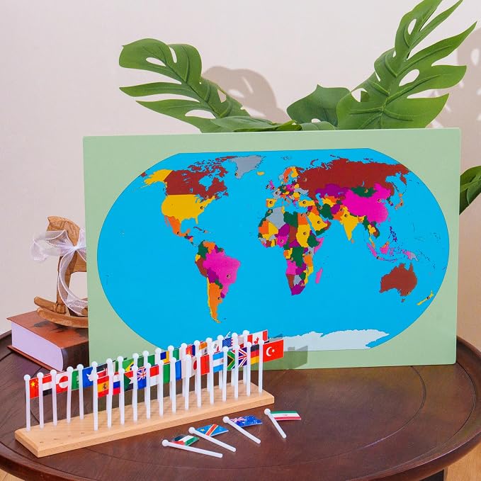 Premium Montessori World Flags Set with 22" Wooden Map- 36 Country Flags, Solid Beechwood, Educational Toy for Kids, Homeschool Classroom Geography Materials(Flags of The World) (Flags of the World) by PENEPICO-SIMPLELIFE